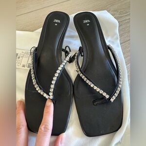 NWT Zara Black Rhinestone Strap kitten heels Sandals